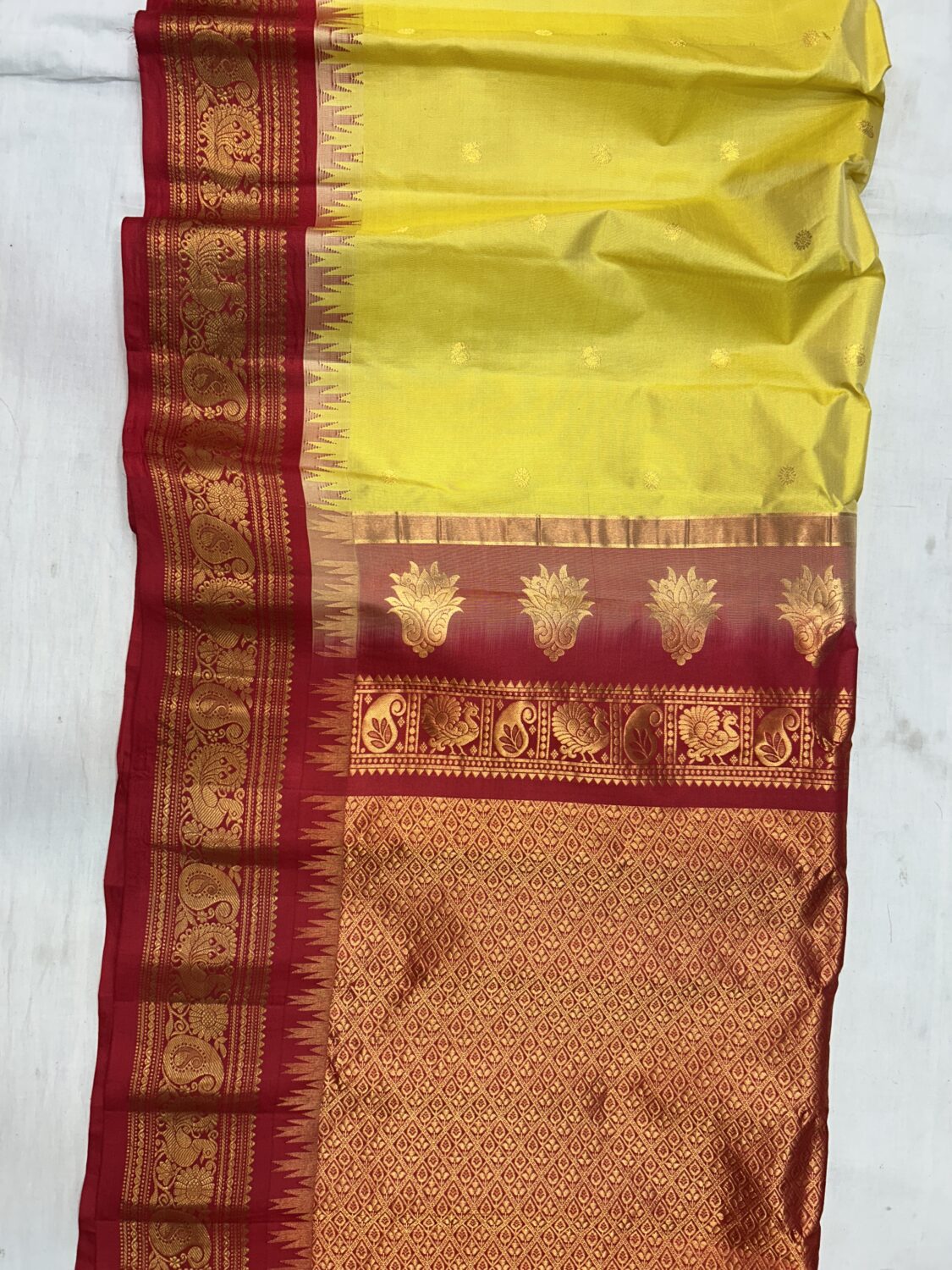 Lime Yellow Red Pallu Pure Silk Gadwal Saree