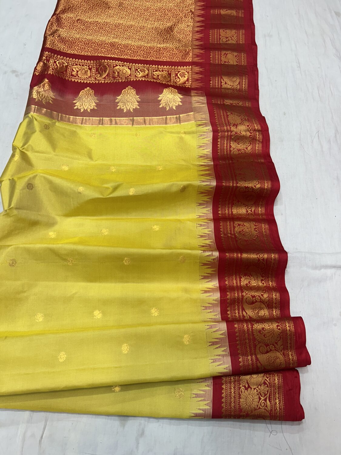 Lime Yellow Red Pallu Pure Silk Gadwal Saree