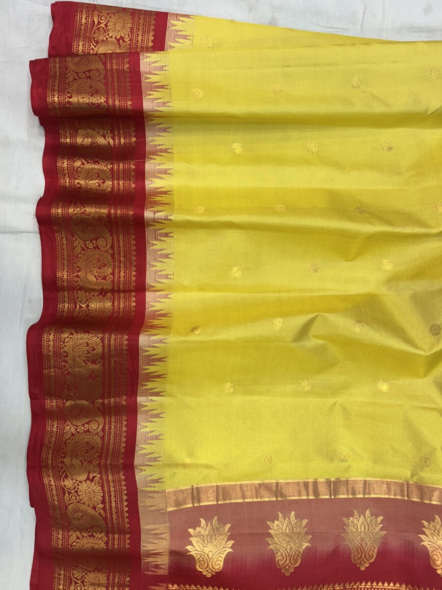 Lime Yellow Red Pallu Pure Silk Gadwal Saree