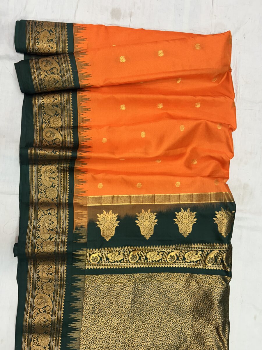 Orange Bottle Green Pallu Pure Silk Gadwal Saree
