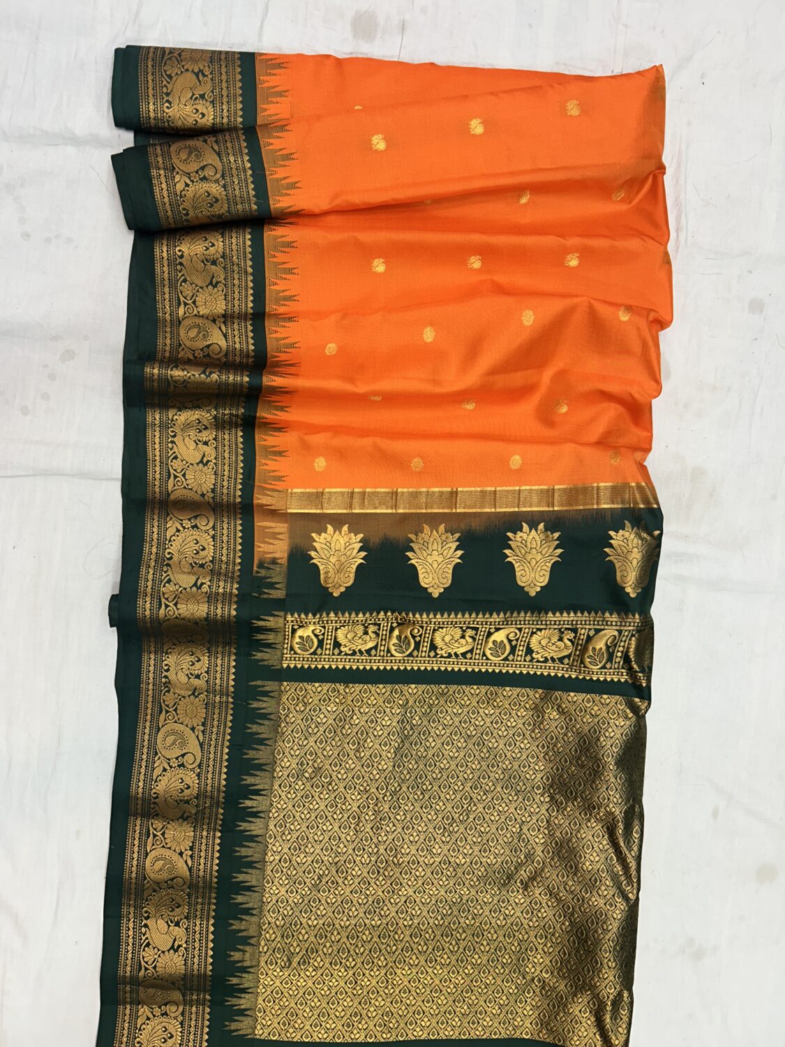 Orange Bottle Green Pallu Pure Silk Gadwal Saree