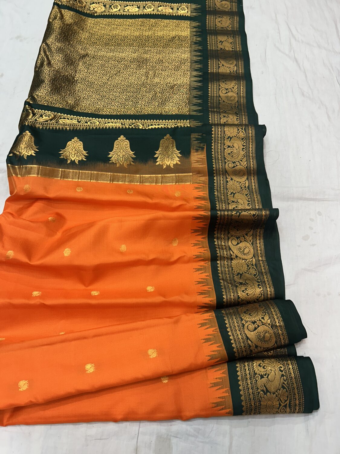 Orange Bottle Green Pallu Pure Silk Gadwal Saree