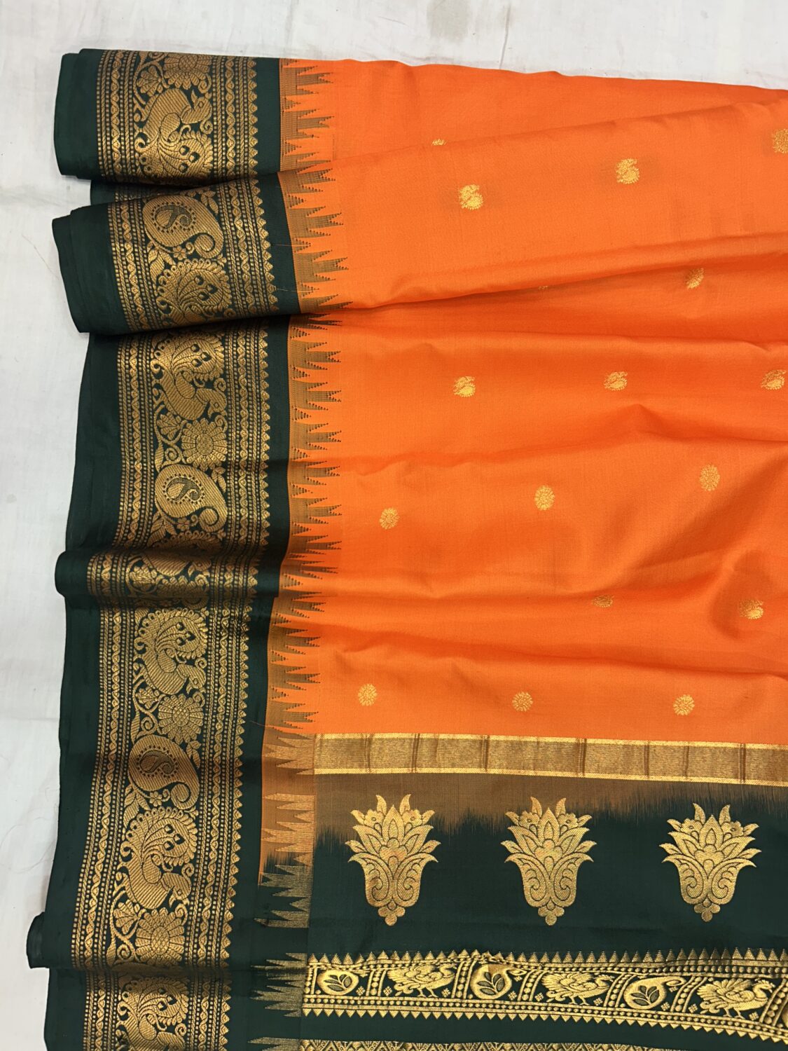 Orange Bottle Green Pallu Pure Silk Gadwal Saree