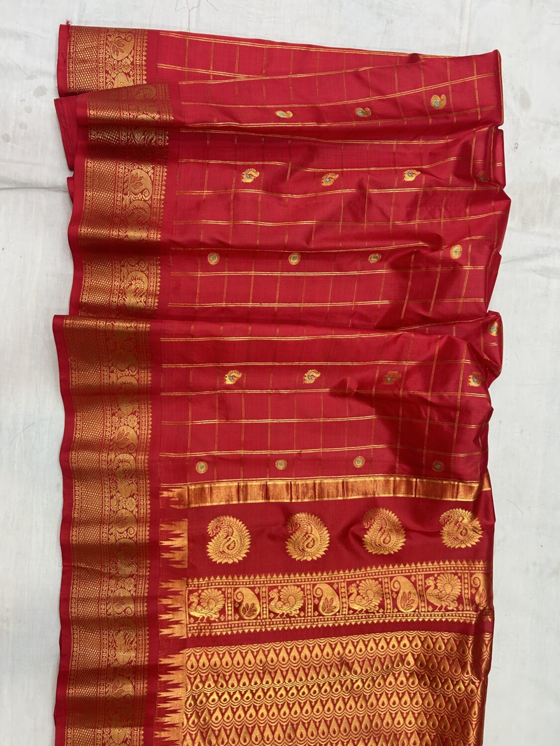 Red Self Pallu Checks Pure Silk Gadwal Saree