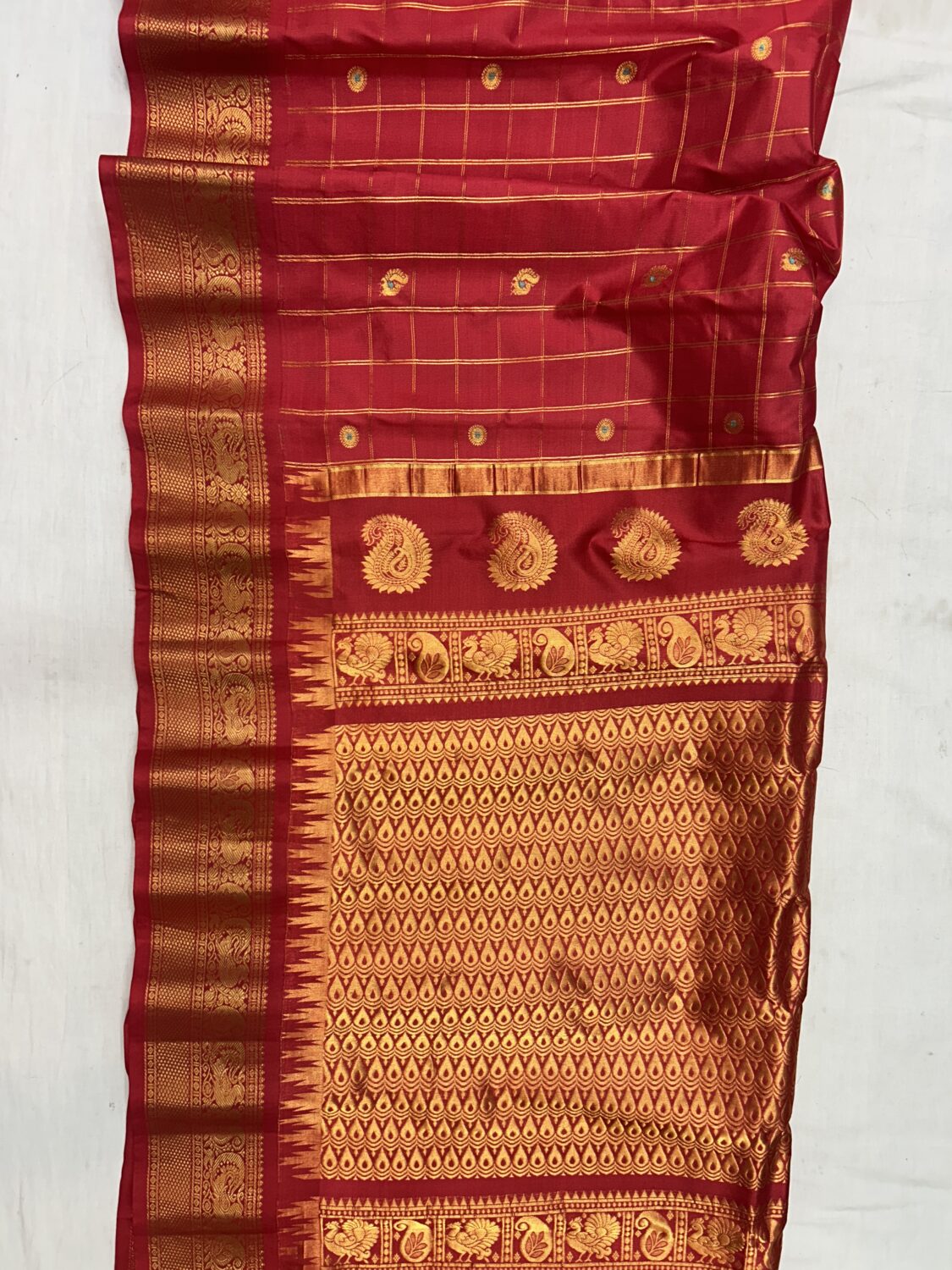 Red Self Pallu Checks Pure Silk Gadwal Saree