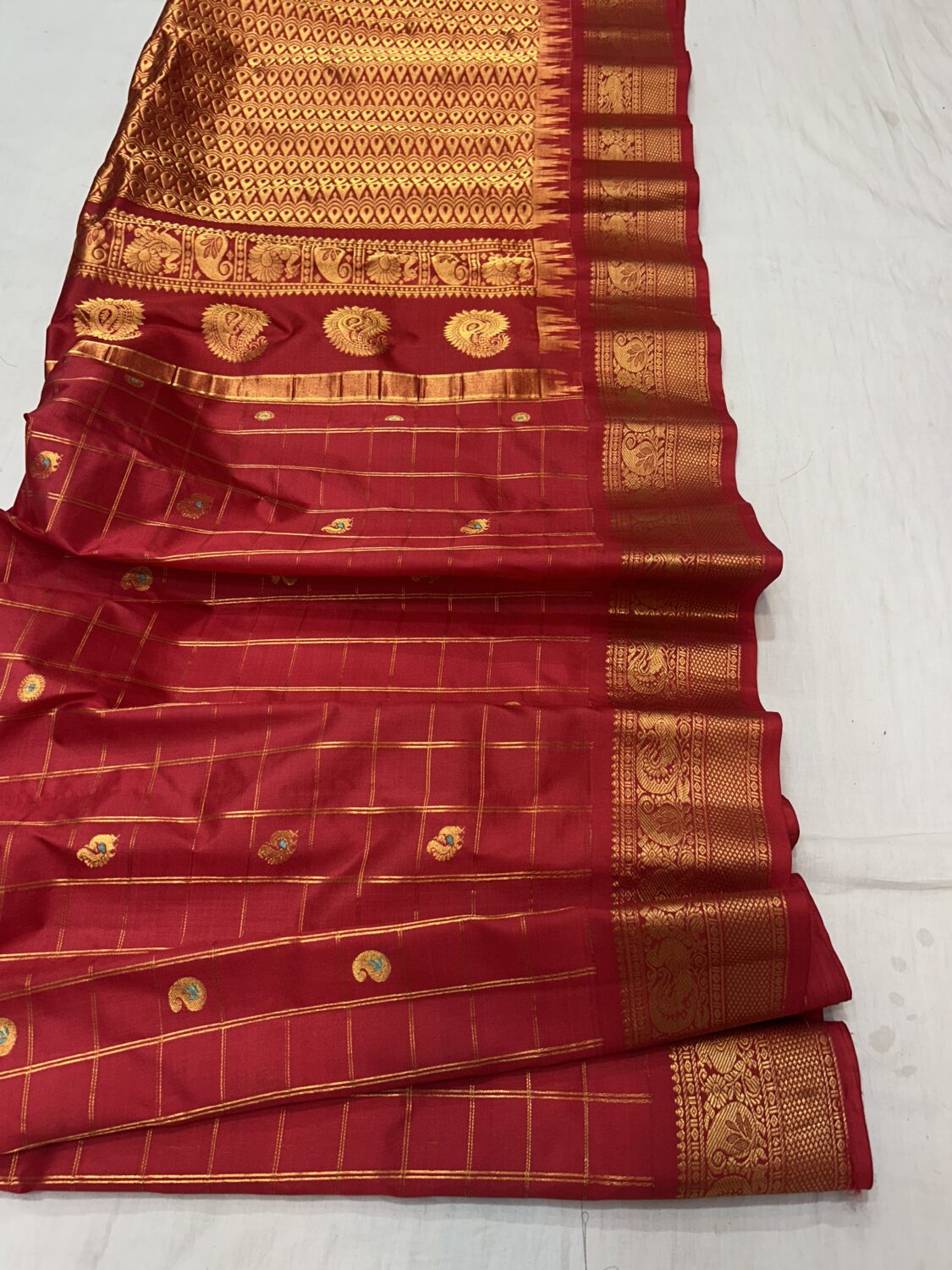 Red Self Pallu Checks Pure Silk Gadwal Saree