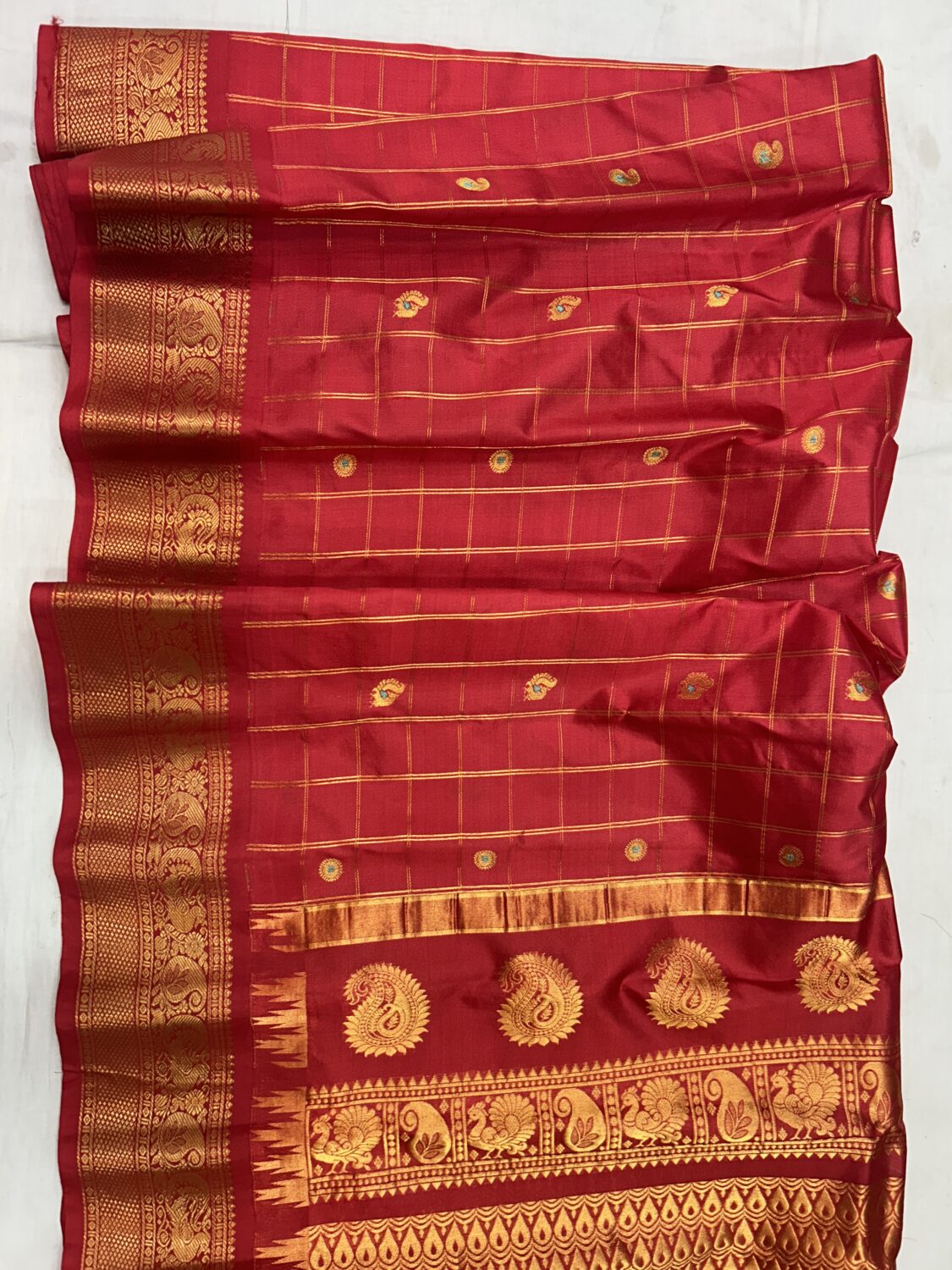 Red Self Pallu Checks Pure Silk Gadwal Saree