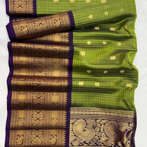 Parrot Green Handloom Pure Silk Gadwal Saree with Purple Wide Zari Border | Vintage Checks Gadwal Pattu