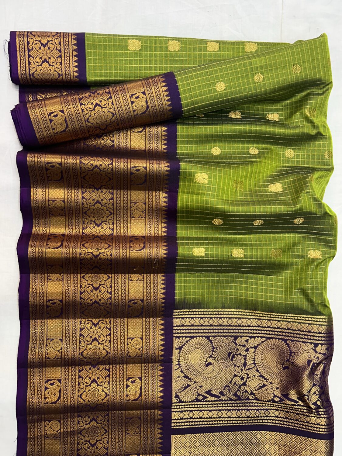 Parrot Green Handloom Pure Silk Gadwal Saree with Purple Wide Zari Border | Vintage Checks Gadwal Pattu