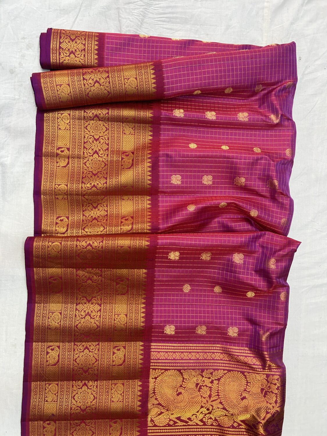 Magenta Handloom Pure Silk Gadwal Saree with Purple Wide Zari Border | Vintage Checks Gadwal Pattu