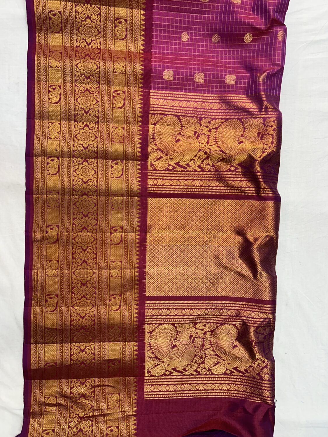 Magenta Handloom Pure Silk Gadwal Saree with Purple Wide Zari Border | Vintage Checks Gadwal Pattu