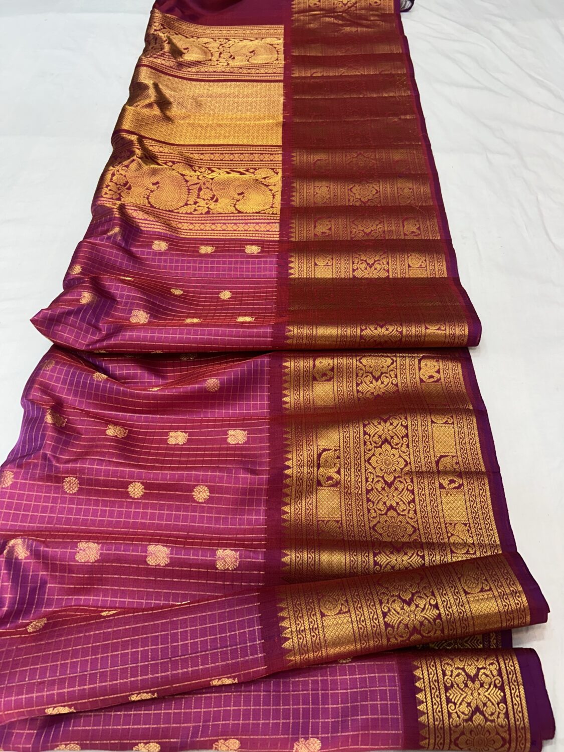 Magenta Handloom Pure Silk Gadwal Saree with Purple Wide Zari Border | Vintage Checks Gadwal Pattu