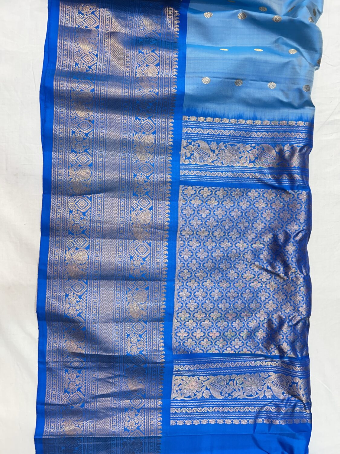 Pastel Blue Handloom Pure Silk Gadwal Saree with Royal Blue Wide Zari Border | Gadwal Pattu