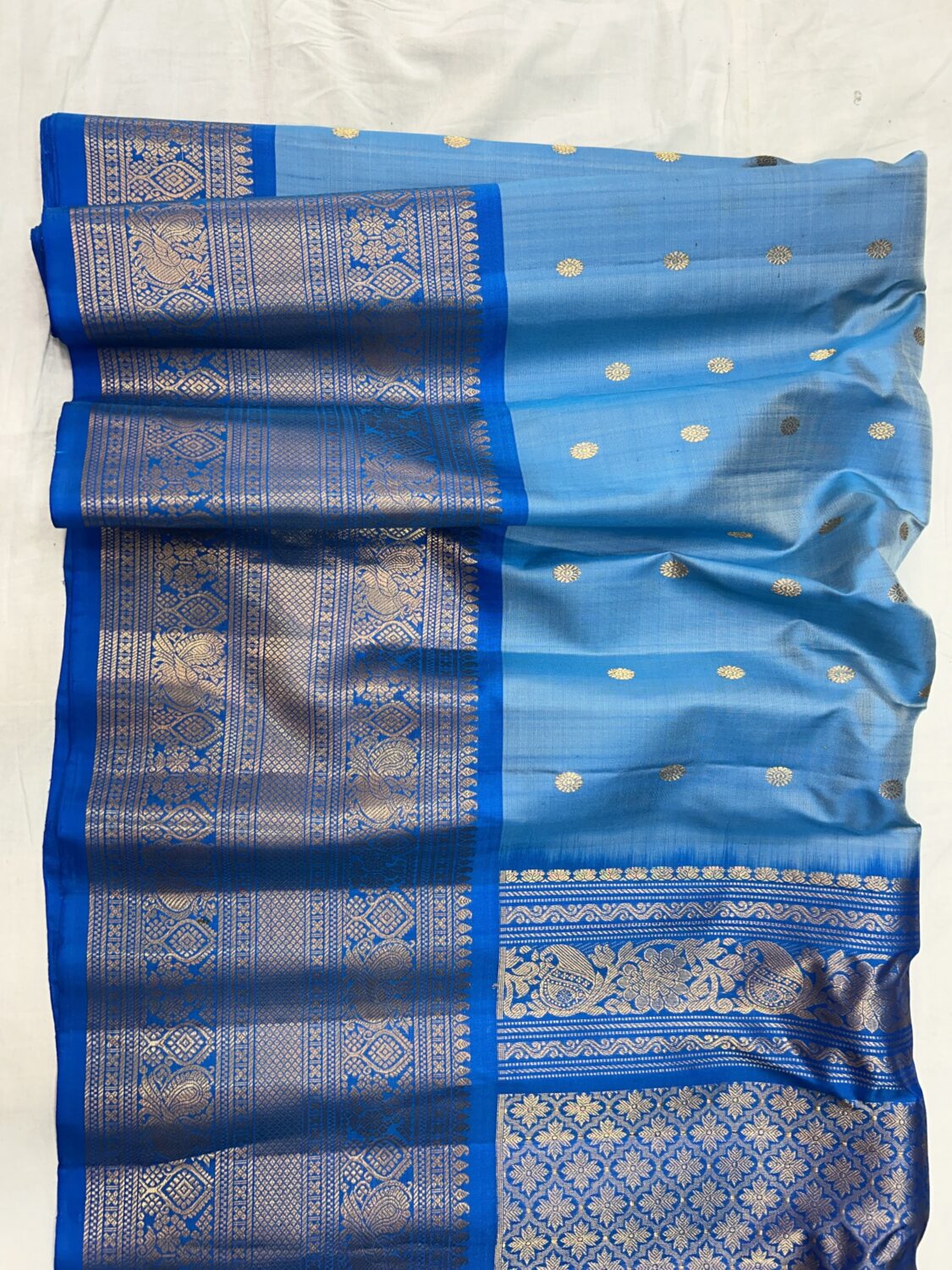 Pastel Blue Handloom Pure Silk Gadwal Saree with Royal Blue Wide Zari Border | Gadwal Pattu