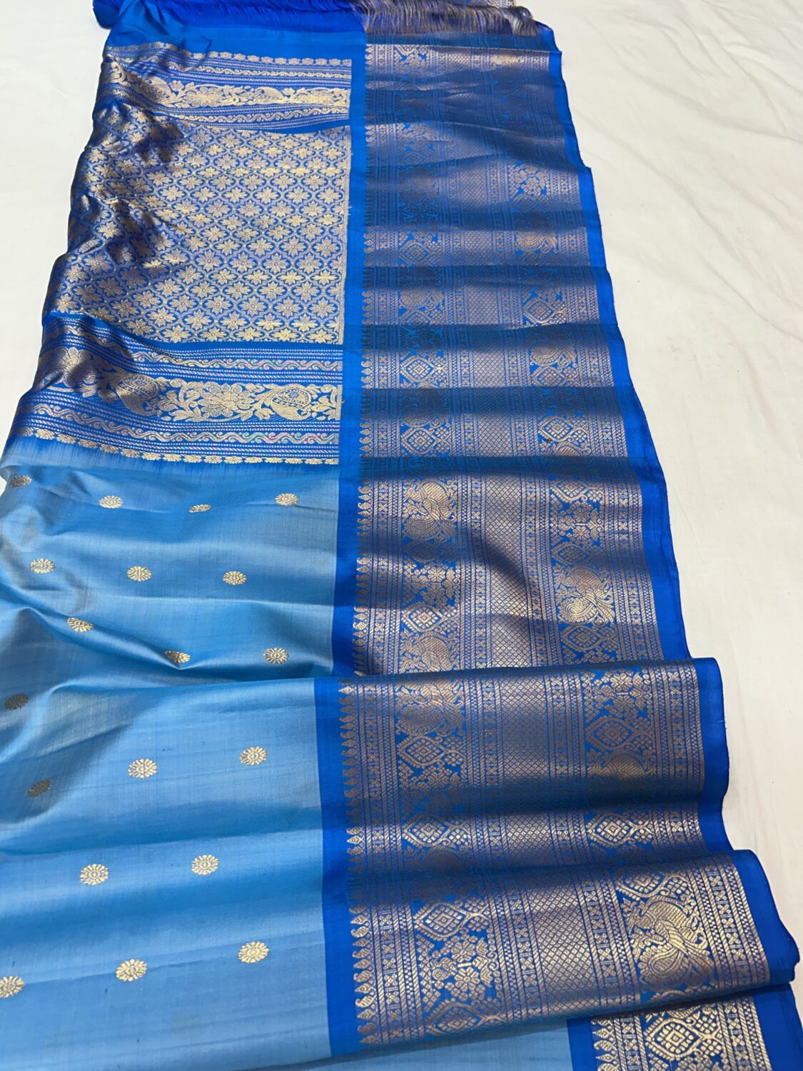 Pastel Blue Handloom Pure Silk Gadwal Saree with Royal Blue Wide Zari Border | Gadwal Pattu