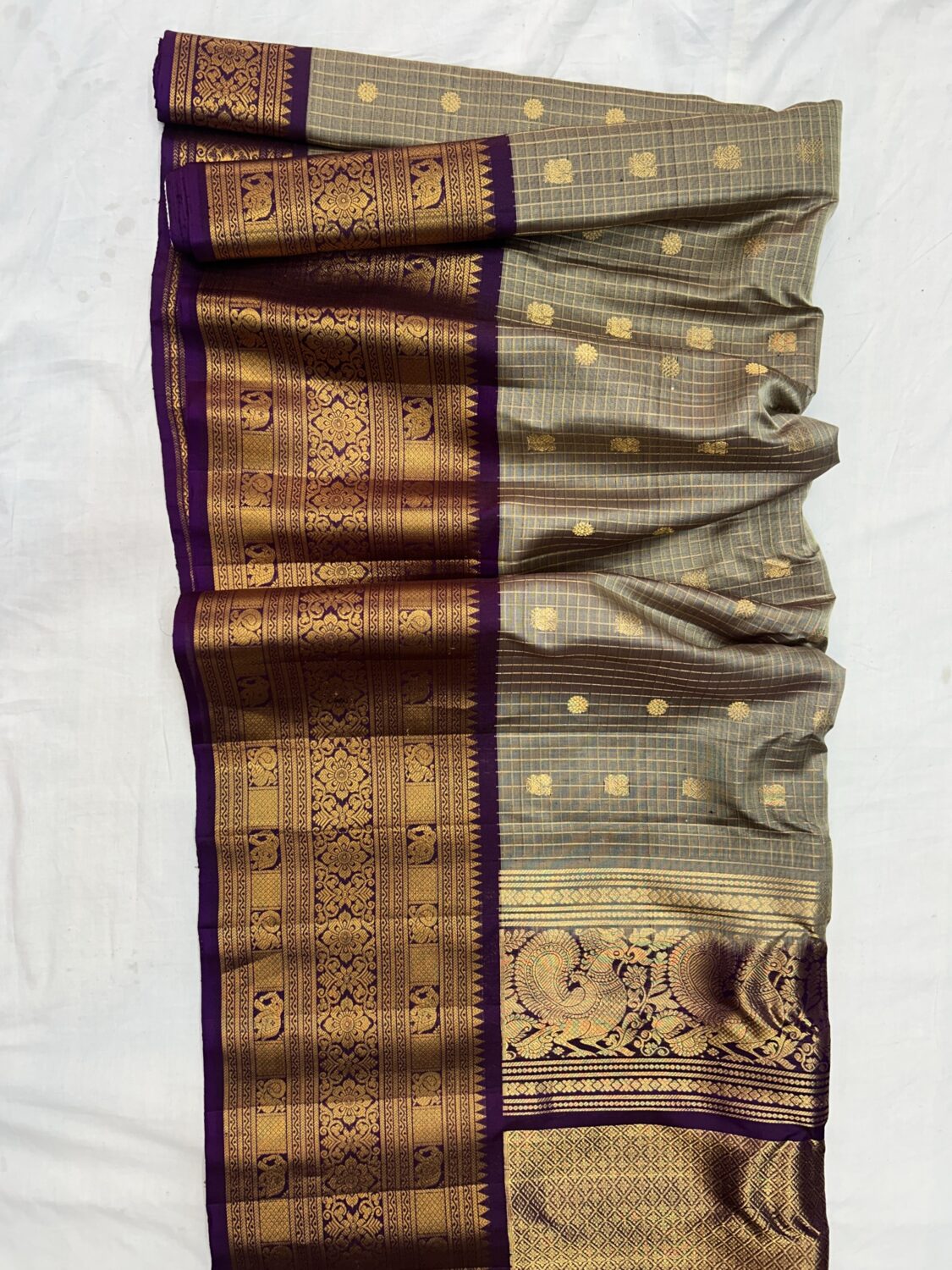 Beige Grey Handloom Pure Silk Gadwal Saree with Purple Vintage Zari Border | Vintage Gadwal Pattu