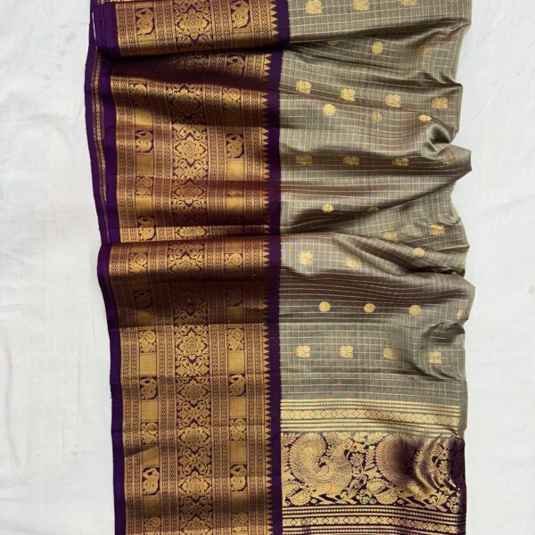 Beige Grey Handloom Pure Silk Gadwal Saree with Purple Vintage Zari Border | Vintage Gadwal Pattu
