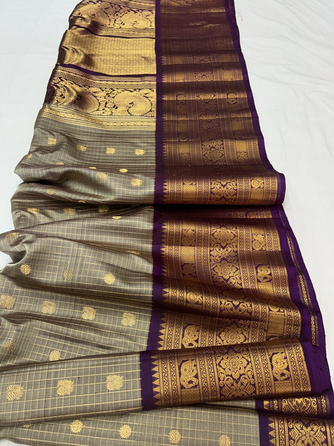 Beige Grey Handloom Pure Silk Gadwal Saree with Purple Vintage Zari Border | Vintage Gadwal Pattu