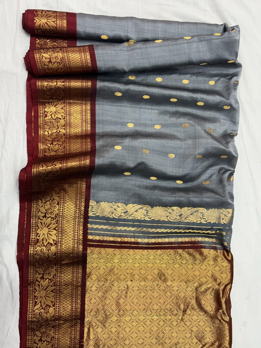 Steel Grey Handloom Sico Gadwal Saree with Maroon Wide Zari Border | Rich Pallu