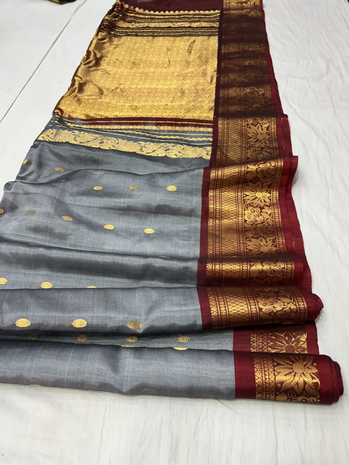 Steel Grey Handloom Sico Gadwal Saree with Maroon Wide Zari Border | Rich Pallu