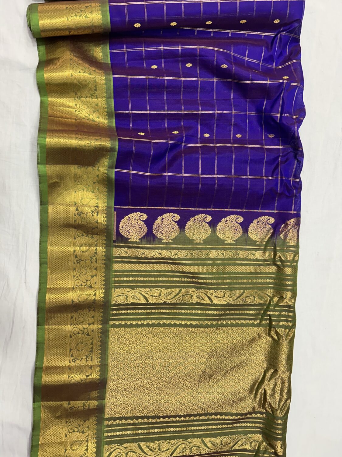 Royal Blue Handloom Sico Gadwal Saree with Parrot Green Wide Zari Border | Rich Pallu