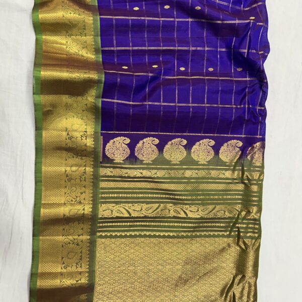 Royal Blue Handloom Sico Gadwal Saree with Parrot Green Wide Zari Border | Rich Pallu