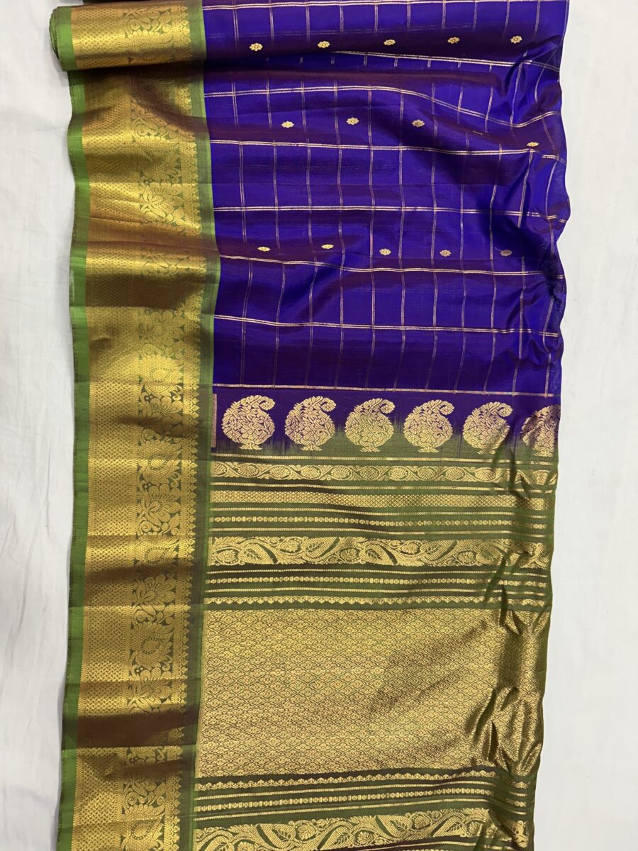 Royal Blue Handloom Sico Gadwal Saree with Parrot Green Wide Zari Border | Rich Pallu