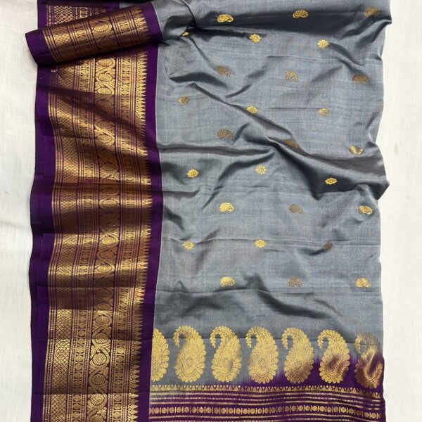 Ash Grey Handloom Sico Gadwal Saree with Purple Wide Zari Border | Rich Pallu