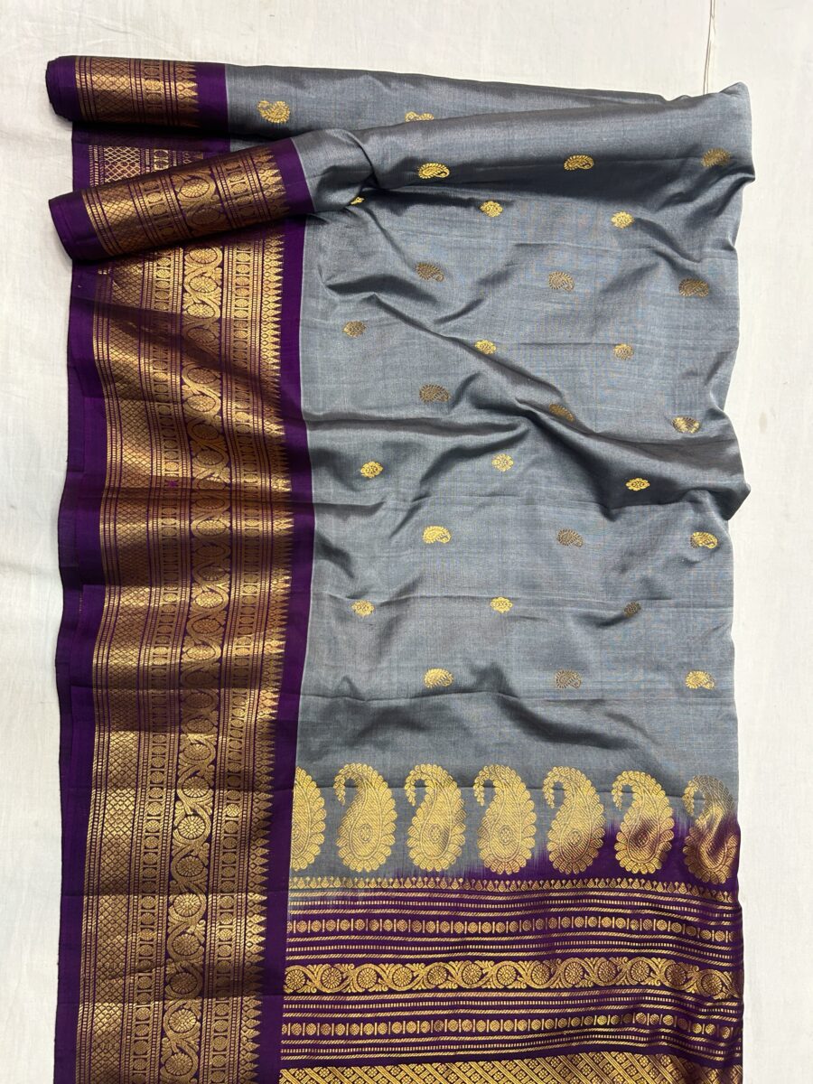 Ash Grey Handloom Sico Gadwal Saree with Purple Wide Zari Border | Rich Pallu