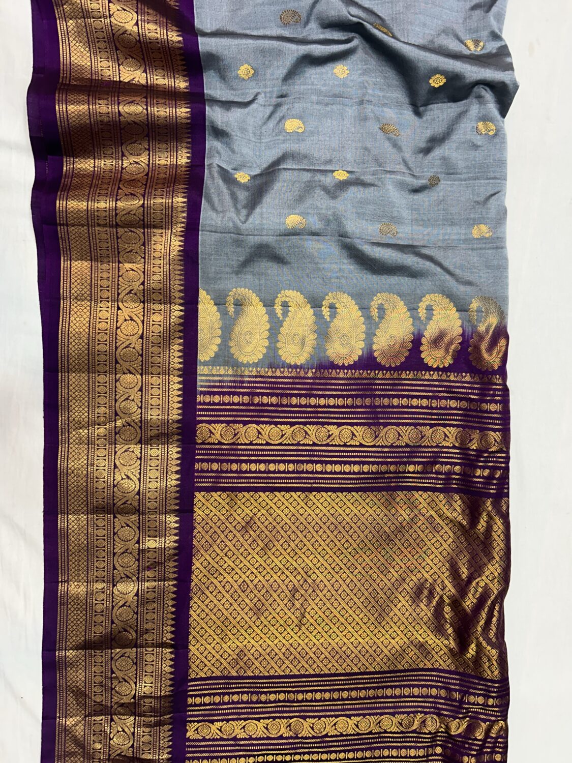 Ash Grey Handloom Sico Gadwal Saree with Purple Wide Zari Border | Rich Pallu