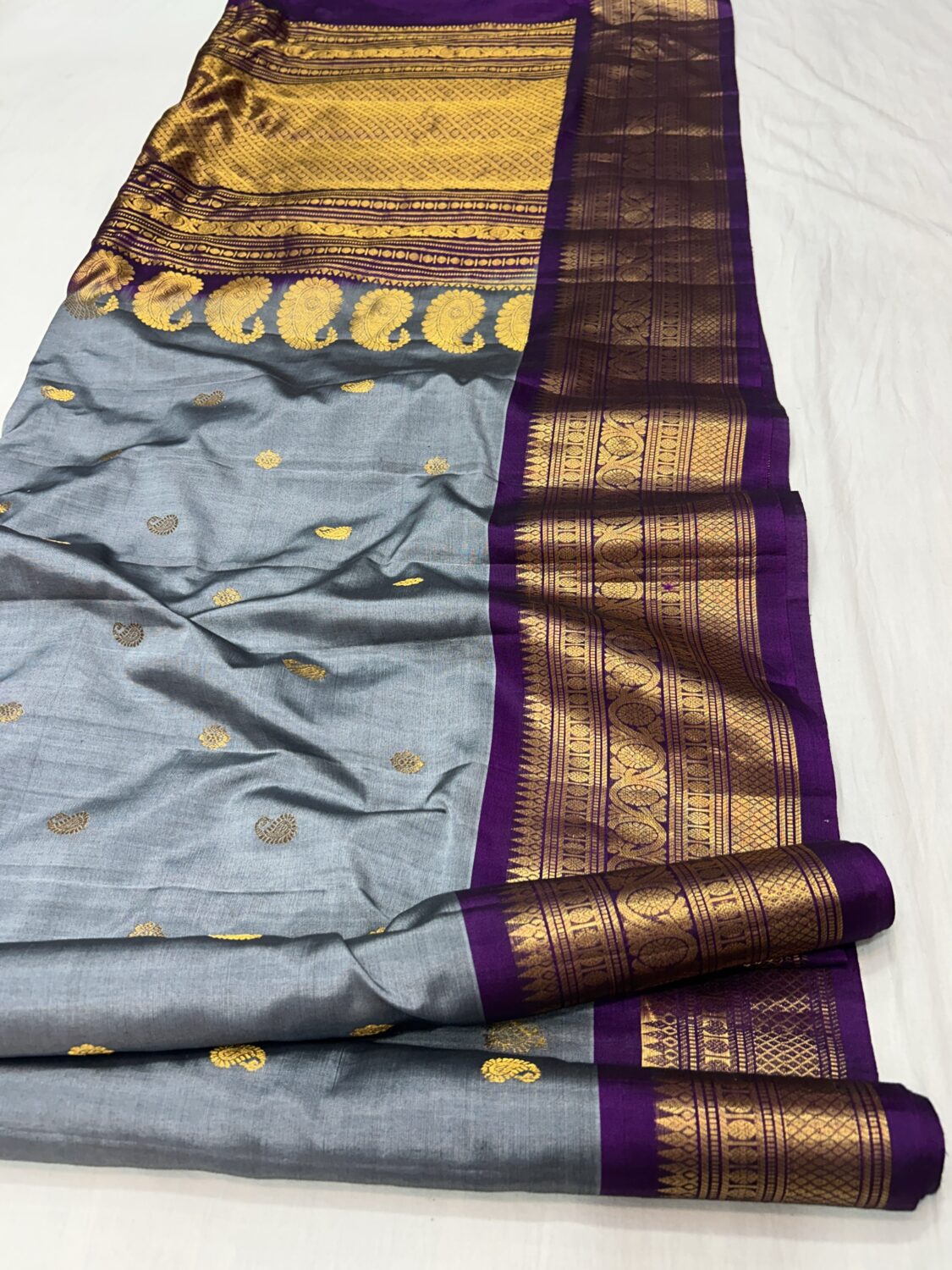 Ash Grey Handloom Sico Gadwal Saree with Purple Wide Zari Border | Rich Pallu