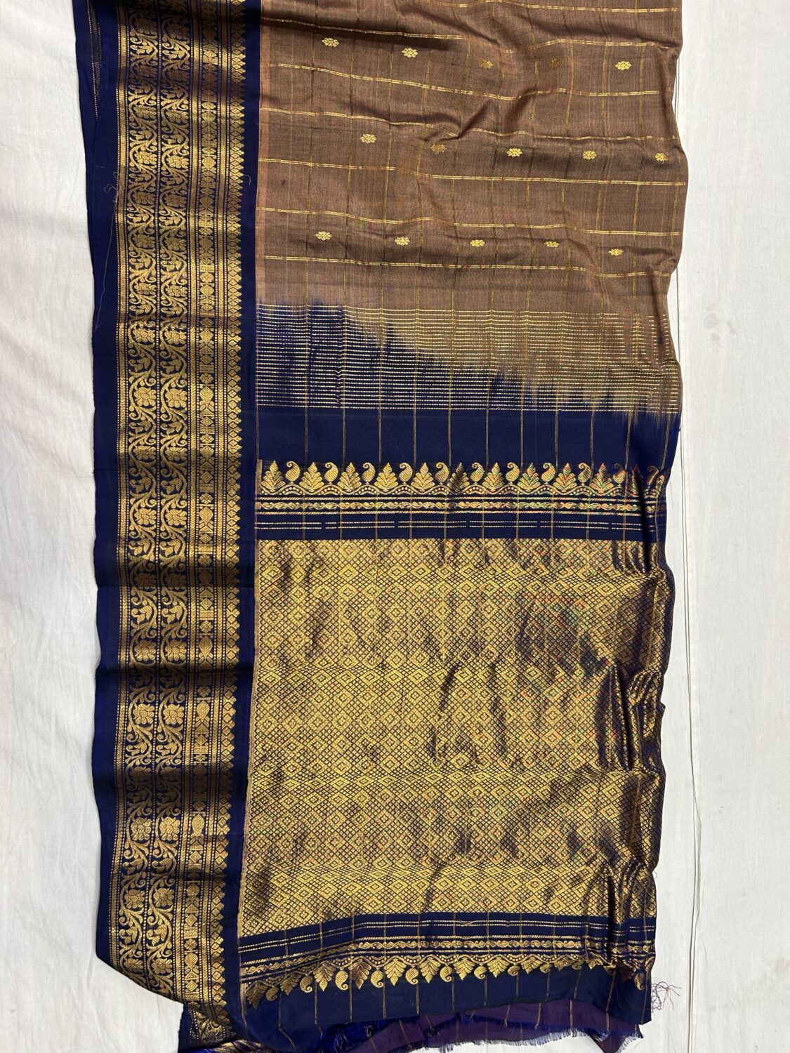 Coffee Brown Handloom Sico Gadwal Saree with Navy Blue Wide Zari Border | Rich Pallu