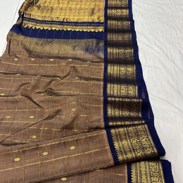 Coffee Brown Handloom Sico Gadwal Saree with Navy Blue Wide Zari Border | Rich Pallu