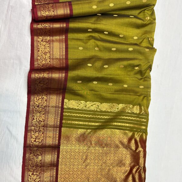 Olive Green Handloom Sico Gadwal Saree with Maroon Wide Zari Border | Rich Pallu*