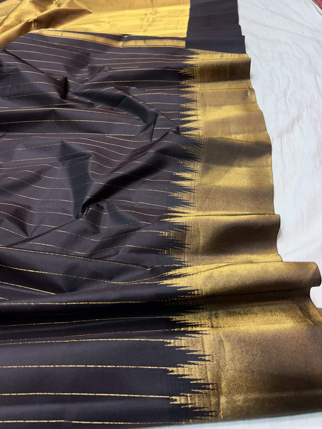 Snuff Brown Pure Silk Gadwal Saree | Vintage Tissue Stripes with Gold Temple Border