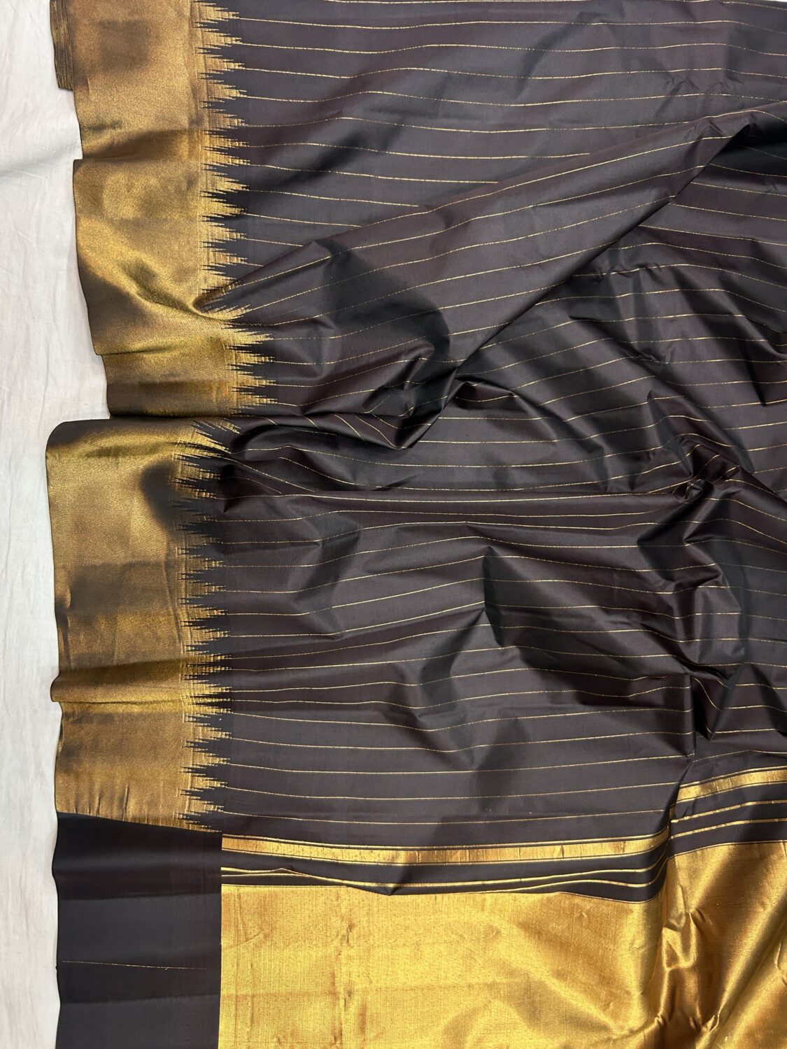 Snuff Brown Pure Silk Gadwal Saree | Vintage Tissue Stripes with Gold Temple Border