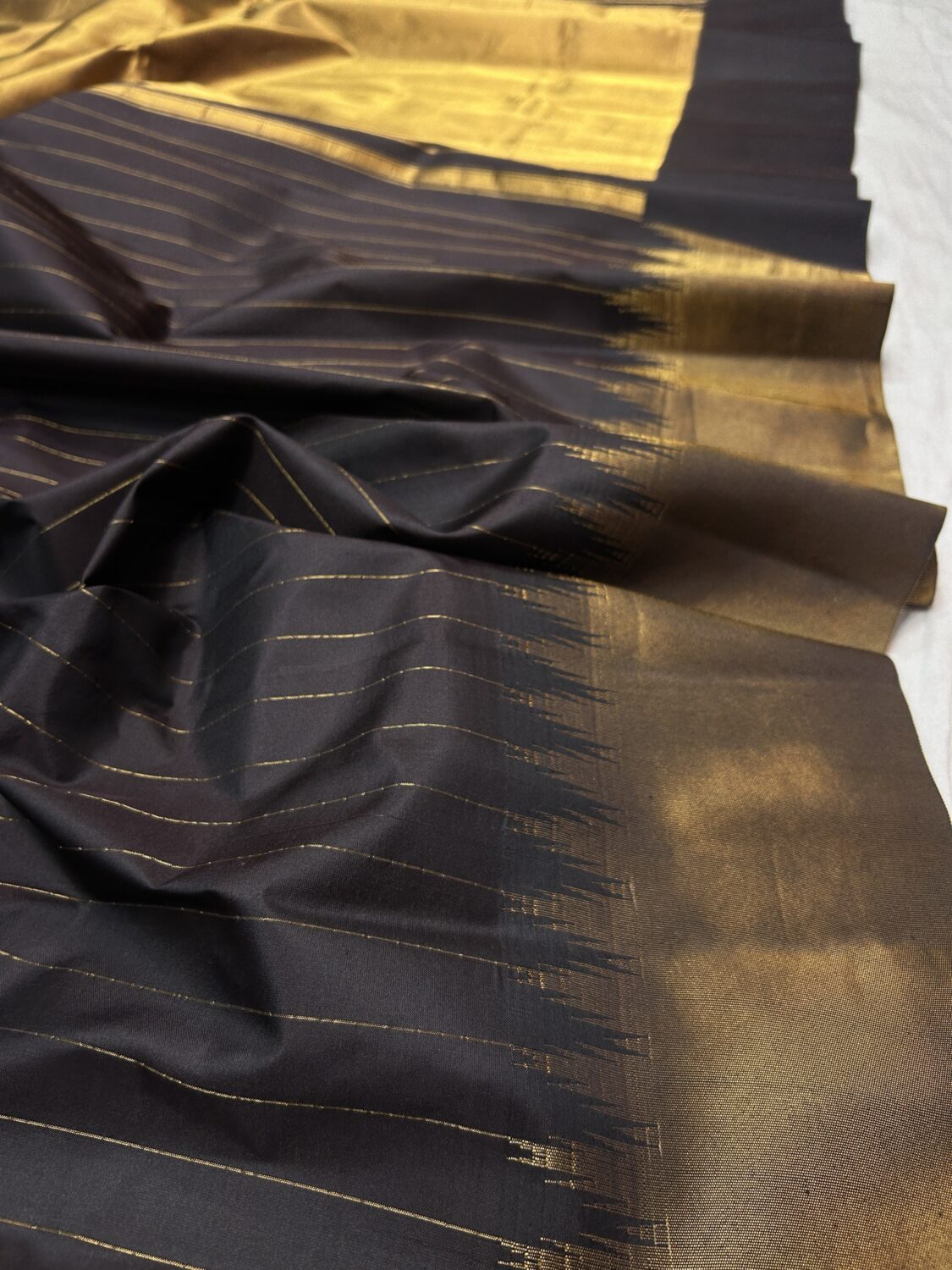 Snuff Brown Pure Silk Gadwal Saree | Vintage Tissue Stripes with Gold Temple Border
