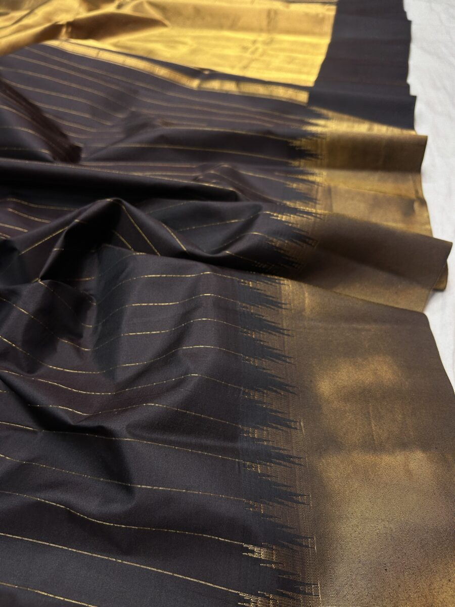 Snuff Brown Pure Silk Gadwal Saree | Vintage Tissue Stripes with Gold Temple Border