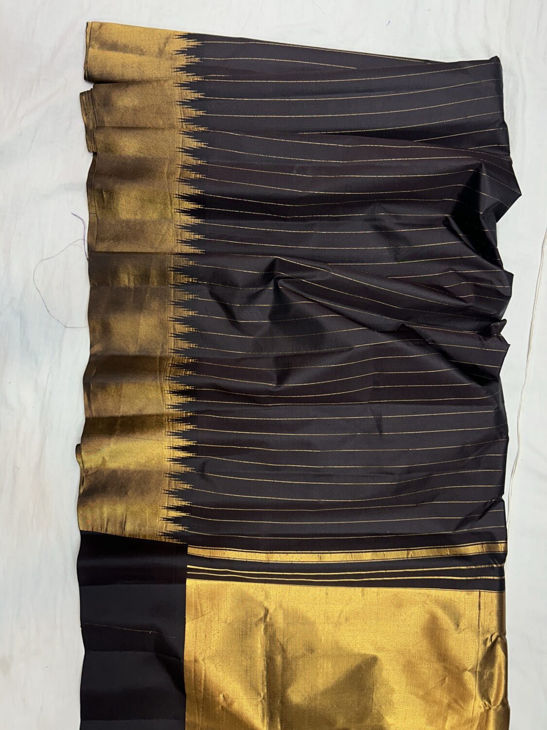 Snuff Brown Pure Silk Gadwal Saree | Vintage Tissue Stripes with Gold Temple Border