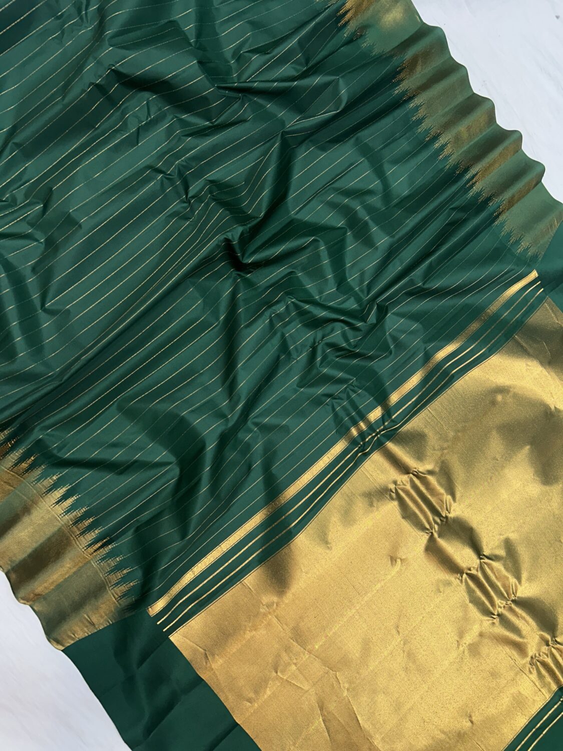 Bottle Green Pure Silk Gadwal Saree | Vintage Tissue Stripes with Gold Temple Border