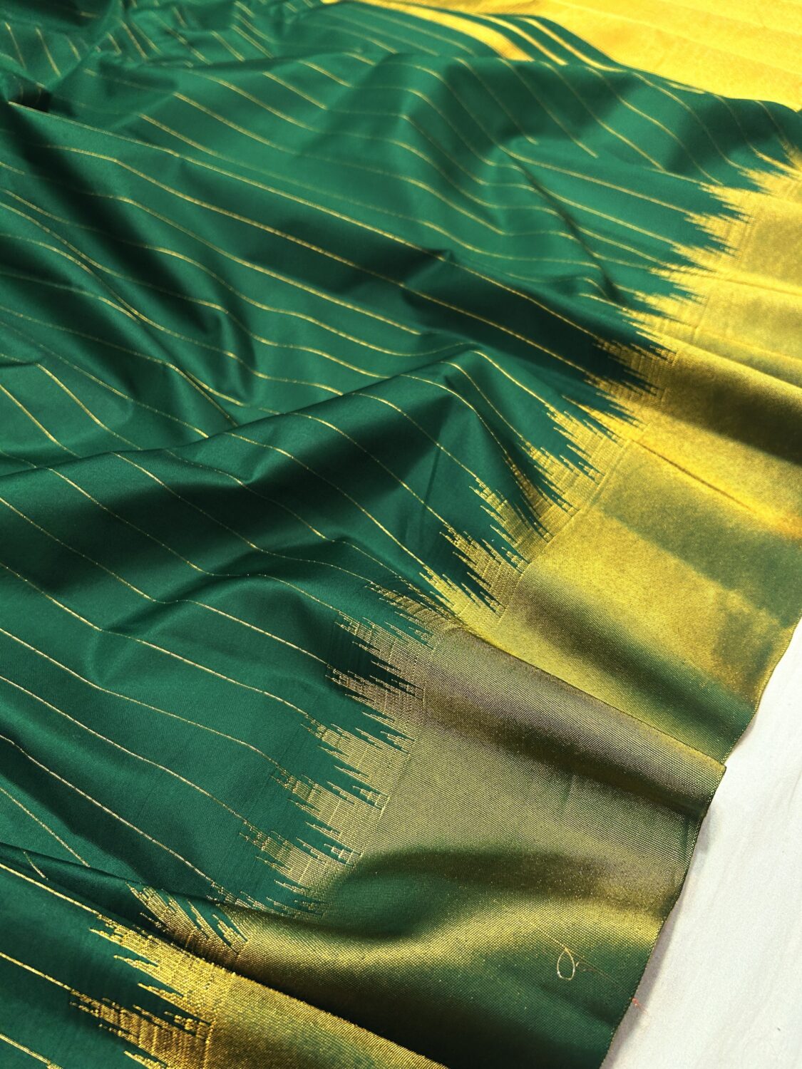 Bottle Green Pure Silk Gadwal Saree | Vintage Tissue Stripes with Gold Temple Border