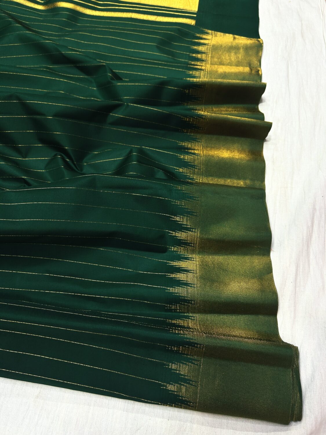 Bottle Green Pure Silk Gadwal Saree | Vintage Tissue Stripes with Gold Temple Border