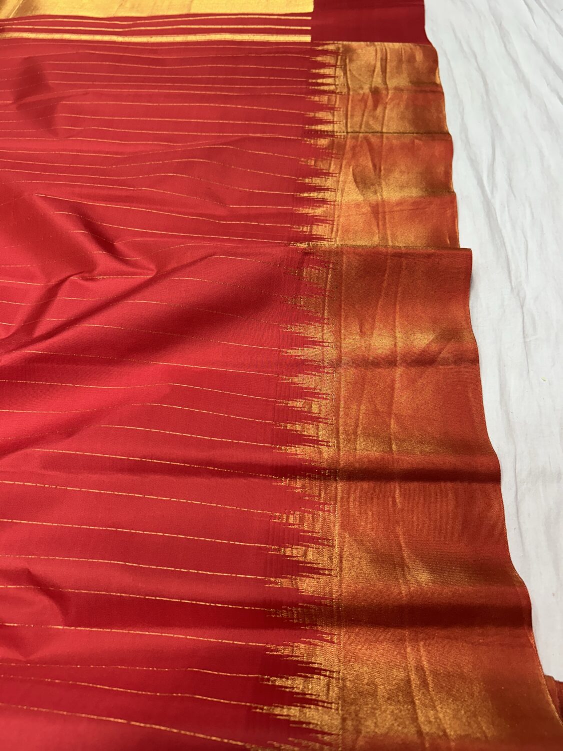 Red Pure Silk Gadwal Saree | Vintage Tissue Stripes with Gold Temple Border