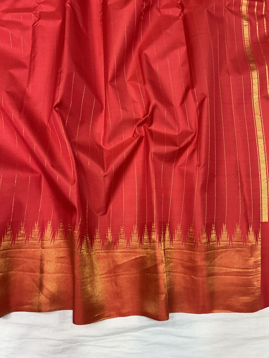 Red Pure Silk Gadwal Saree | Vintage Tissue Stripes with Gold Temple Border