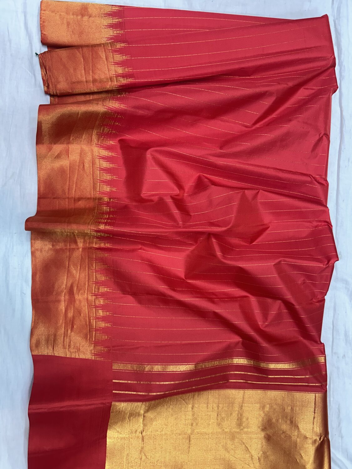 Red Pure Silk Gadwal Saree | Vintage Tissue Stripes with Gold Temple Border